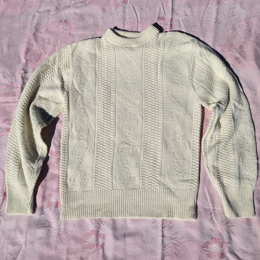 Vintage Cream Textured Knit Fisherman Sweater‎ Men's XS Crewneck Pullover 80s